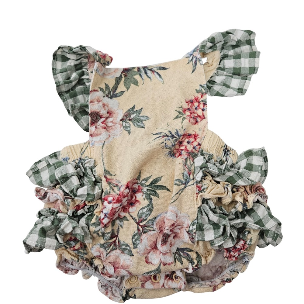 Cottagecore Bonnie Baby Romper Girl 3-6M Yellow Floral Green Gingham Ruffle Butt